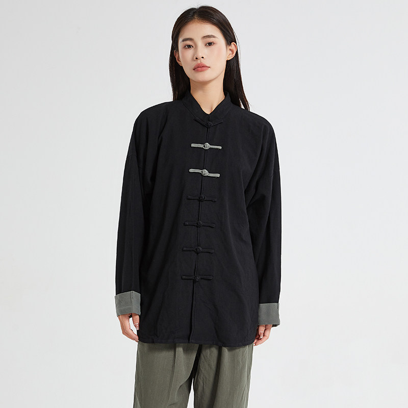 春秋中式复古太极服汉服风拼接亚麻棉麻衬衫A321-1-C631-P70图片