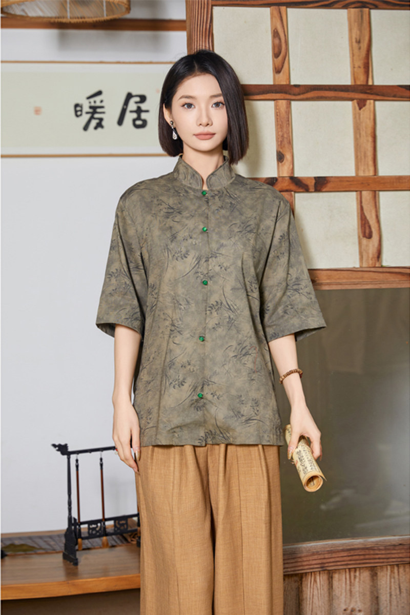 风夏季亚麻透气衬衫印花中式唐装汉服衬衣A321-1-C656-P75,男装衬衫,电商A321-1（原钱塘6020）