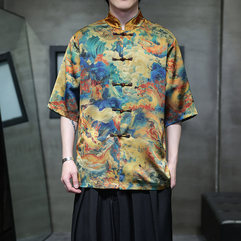 风男装短袖中式唐装大码冰丝印花盘扣衬衫A321-1-C660-P70,男装衬衫,电商A321-1（原钱塘6020）