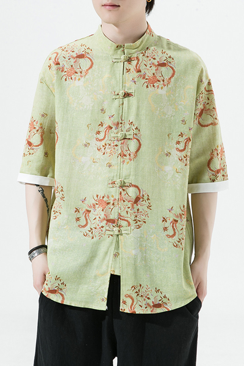 风夏季短袖衬衫汉服休闲大码印花男上衣唐装A321-1-C628-P50,男装衬衫,电商A321-1（原钱塘6020）