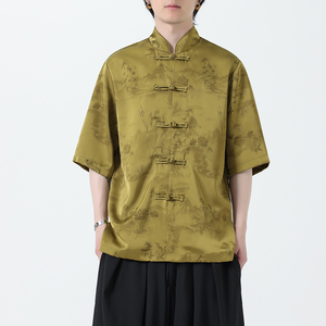 风冰丝短袖水墨印花中式休闲唐装大码衬衫A321-1-C662-P70图片