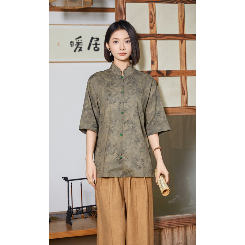 风夏季亚麻透气衬衫印花中式唐装汉服衬衣A321-1-C656-P75,男装衬衫,电商A321-1（原钱塘6020）