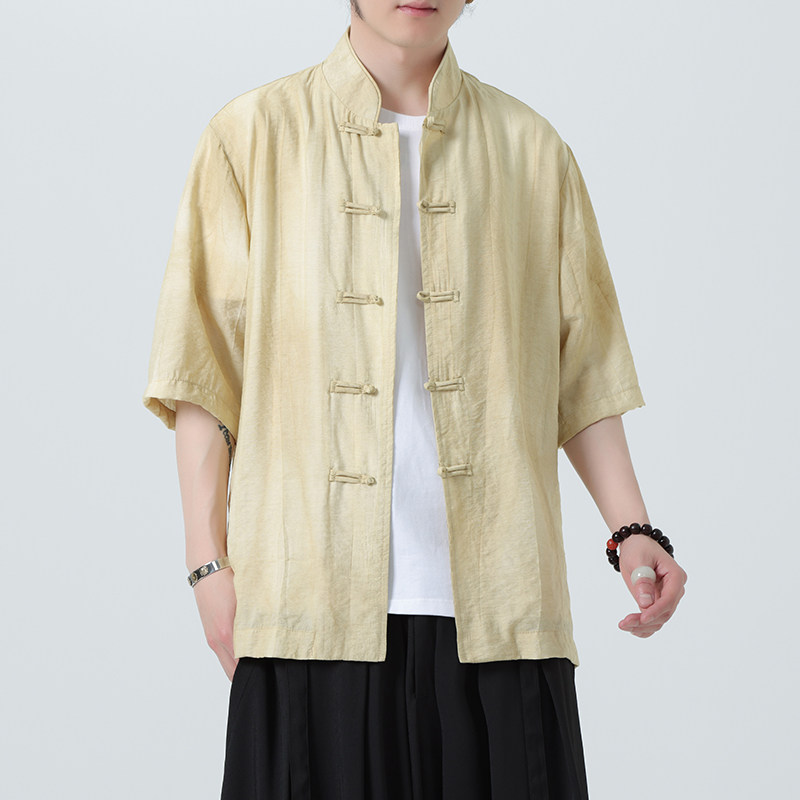 风唐装柳染亚麻短袖衬衫轻薄透气新中式汉服A321-1-C651-P75,男装衬衫,电商A321-1（原钱塘6020）
