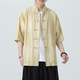 风唐装柳染亚麻短袖衬衫轻薄透气新中式汉服A321-1-C651-P75，男装衬衫，电商A321-1（原钱塘6020）