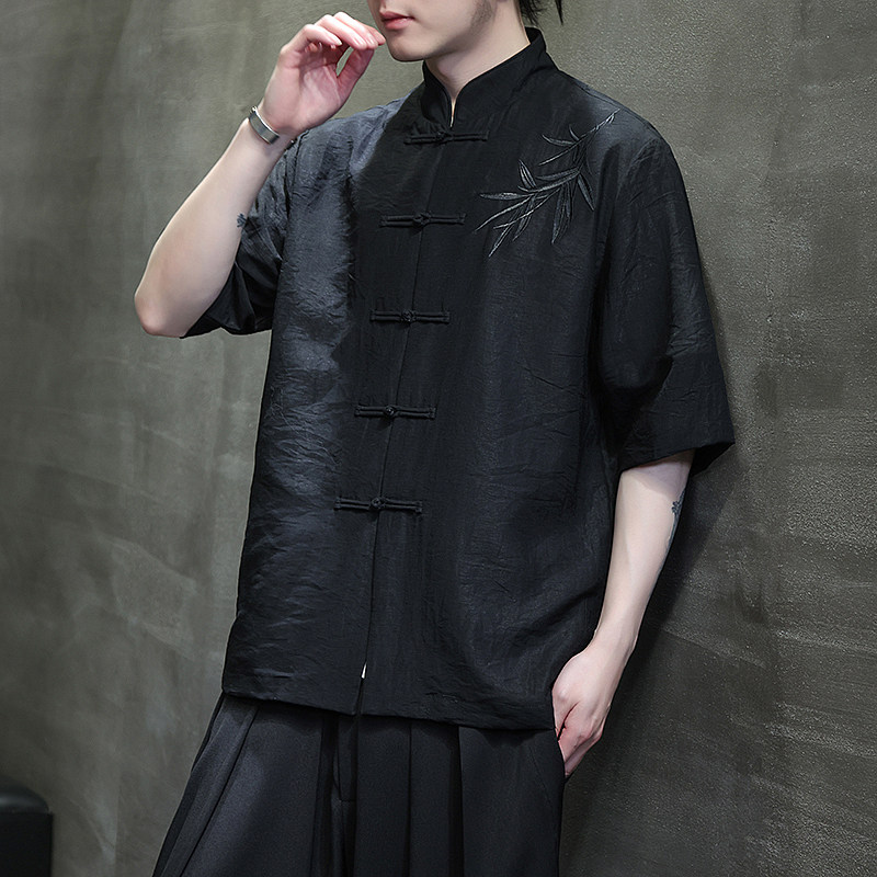 刺绣汉服风夏季轻薄亚麻短袖衬衫男新中式唐装A321-C650-P65,男装衬衫,电商A321-1（原钱塘6020）
