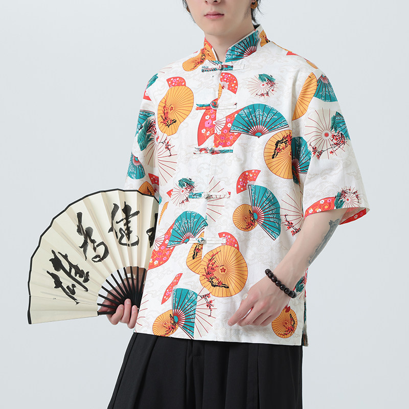 中式盘扣印花衬衫大码宽松风夏季休闲衬衣A321-C635-P60,男装衬衫,电商A321-1（原钱塘6020）