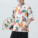 中式盘扣印花衬衫大码宽松风夏季休闲衬衣A321-C635-P60，男装衬衫，电商A321-1（原钱塘6020）
