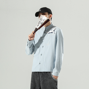 风男装鹤刺绣棉麻长袖衬衫中式盘扣立领唐装A321-1-C626-P70图片