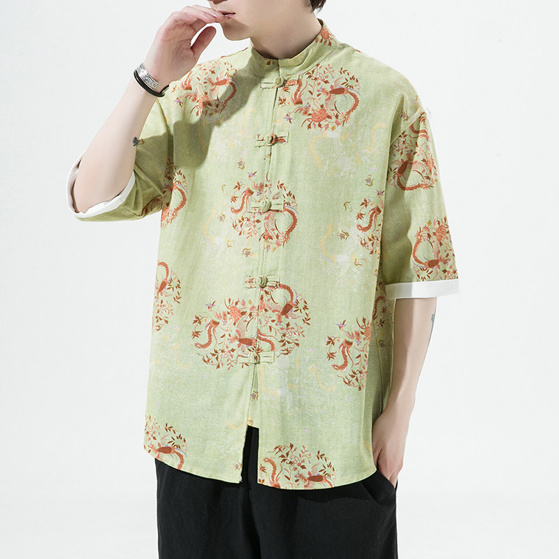 风夏季短袖衬衫汉服休闲大码印花男上衣唐装A321-1-C628-P50,男装衬衫,电商A321-1（原钱塘6020）