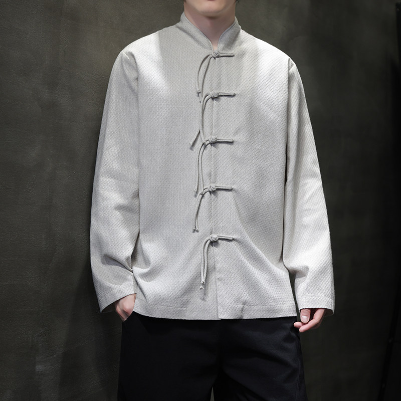 唐装春夏风古风棉麻汉服盘扣亚麻长袖衬衫A321-1-C633-P75,男装衬衫,电商A321-1（原钱塘6020）