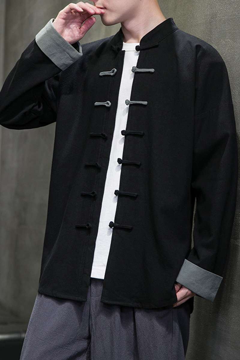 春秋中式复古太极服汉服风拼接亚麻棉麻衬衫A321-1-C631-P70,男装衬衫,电商A321-1（原钱塘6020）
