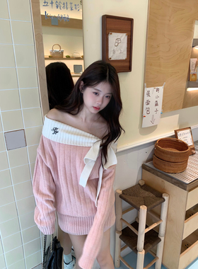 Moster Timnothy原创一字肩蝴蝶结厚款连衣裙氛围感针织长袖毛衣