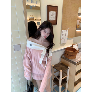 Moster Timnothy原创一字肩蝴蝶结厚款连衣裙氛围感针织长袖毛衣