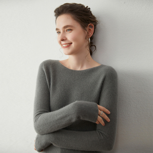 女 针织羊绒衫 一线成衣鱼骨纹一字领无缝山羊绒修身 打底毛衣女长袖