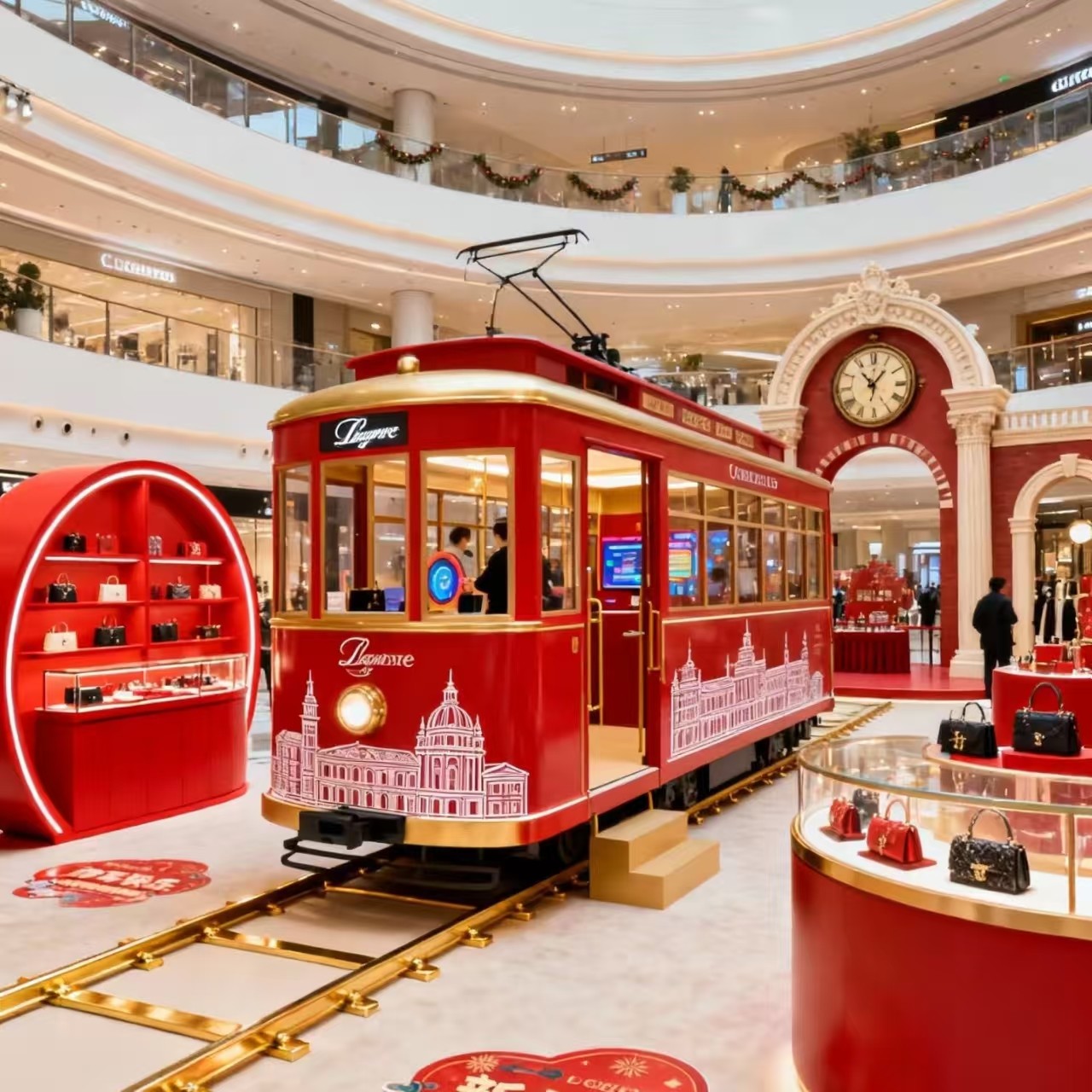 定制大型复古红色有轨电车模型商场新年装饰摆件仿真火车头艺术品