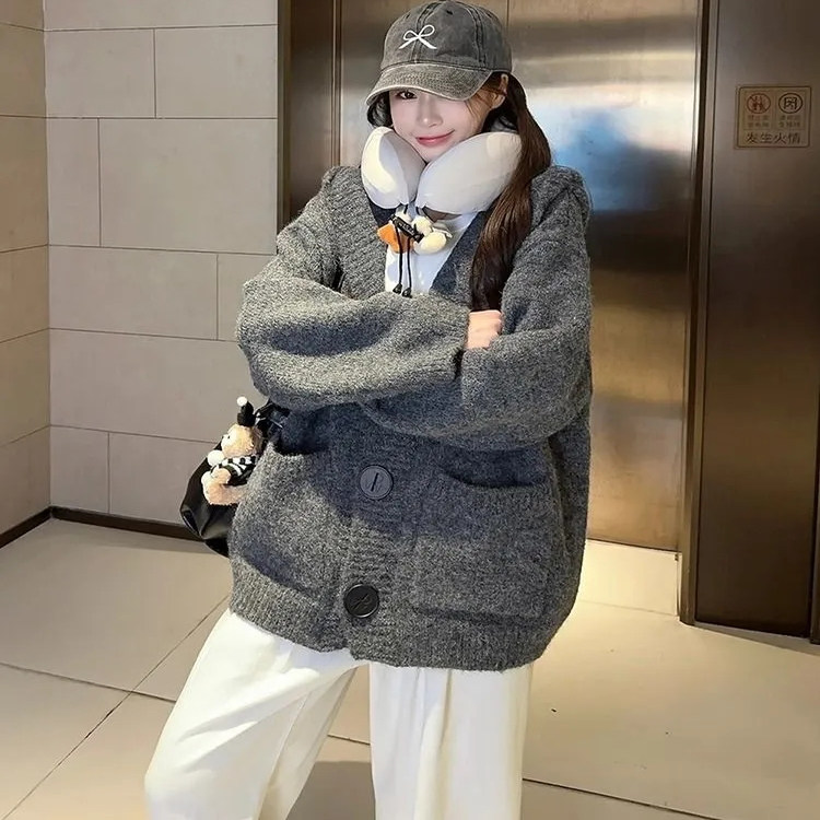 慵懒风连帽加厚毛呢外套女秋冬