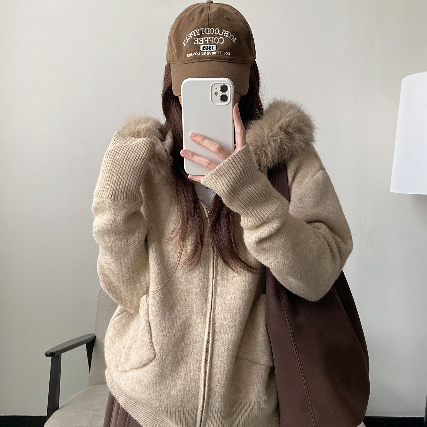 毛领宽松连帽针织开衫毛呢外套