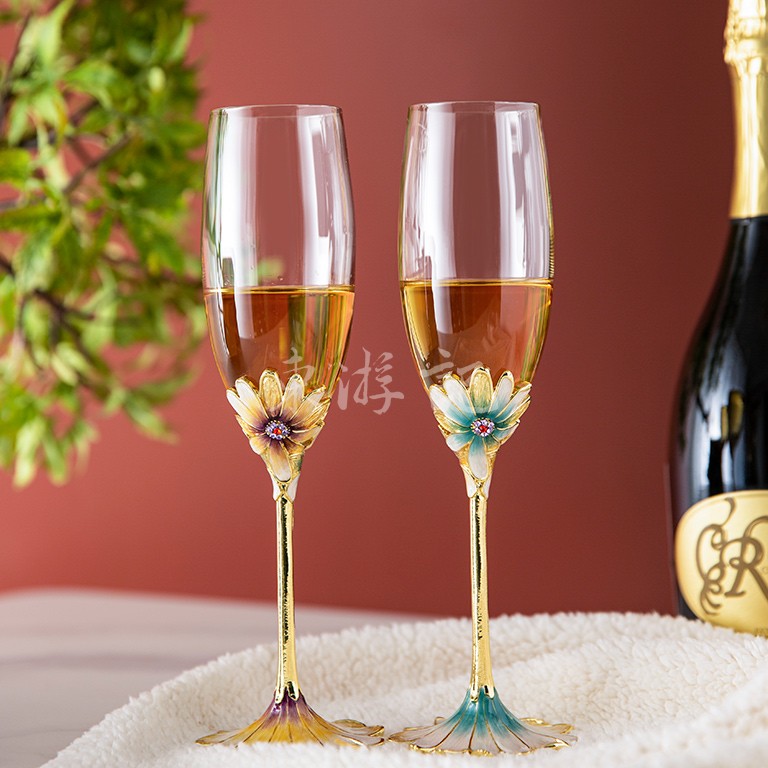 罗比罗丹水晶珐琅彩香槟杯：绽放（对杯），送外国客人中国风礼物