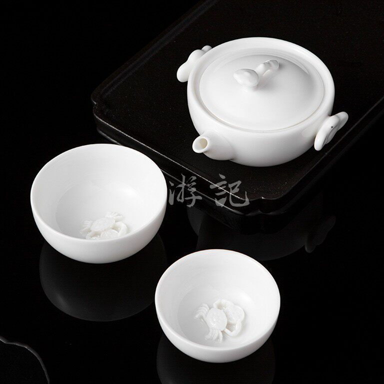 原矿白瓷手工立体浮雕茶具:蟹蟹(谢谢)你,送老师领导特色礼品