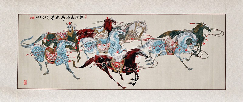 古蜀锦珍藏版卷轴（横轴）－赵文元《轻沙走马路无尘》，送外国人