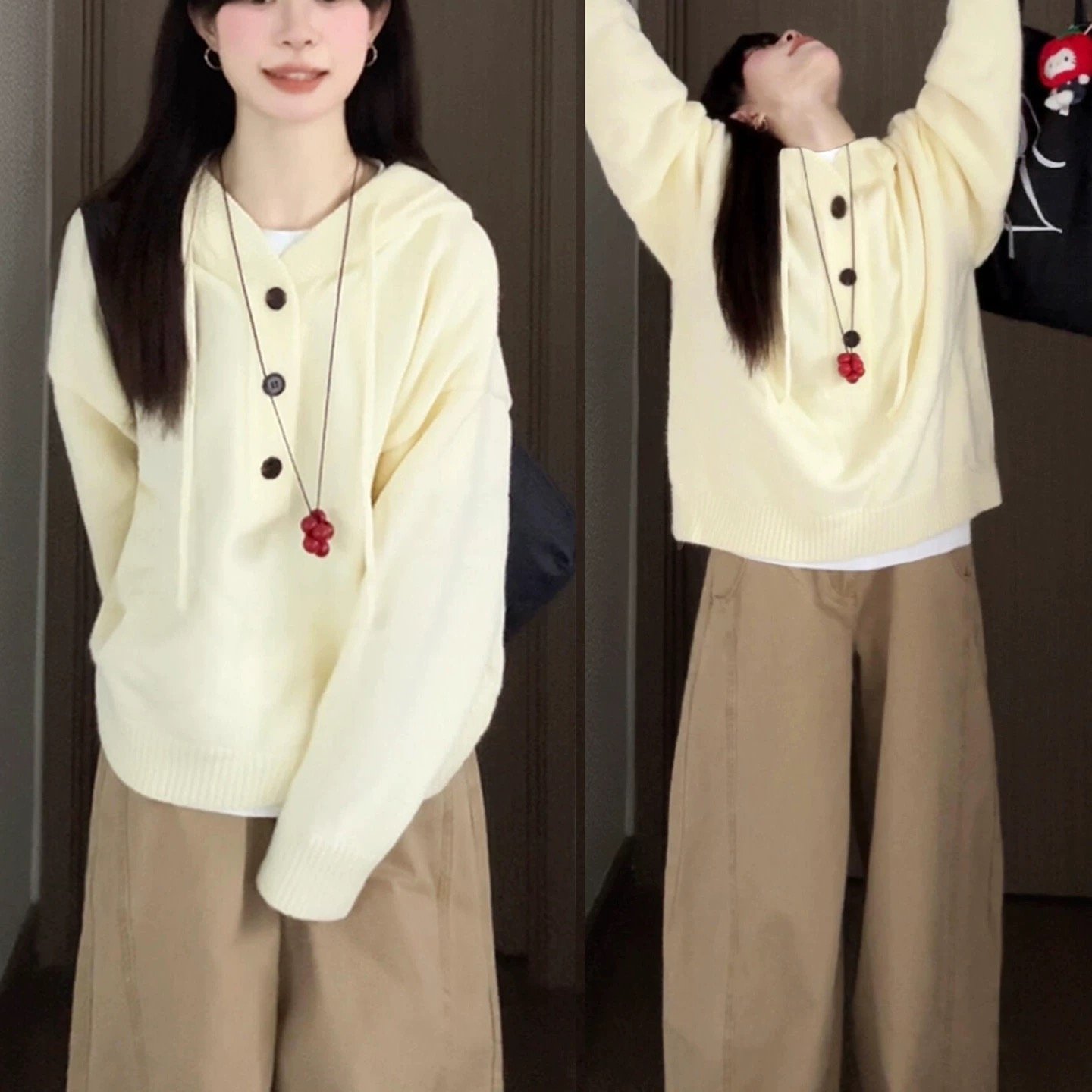 韩系软糯慵懒风连帽毛衣女2025新款秋冬宽松卫衣高级感针织衫上衣