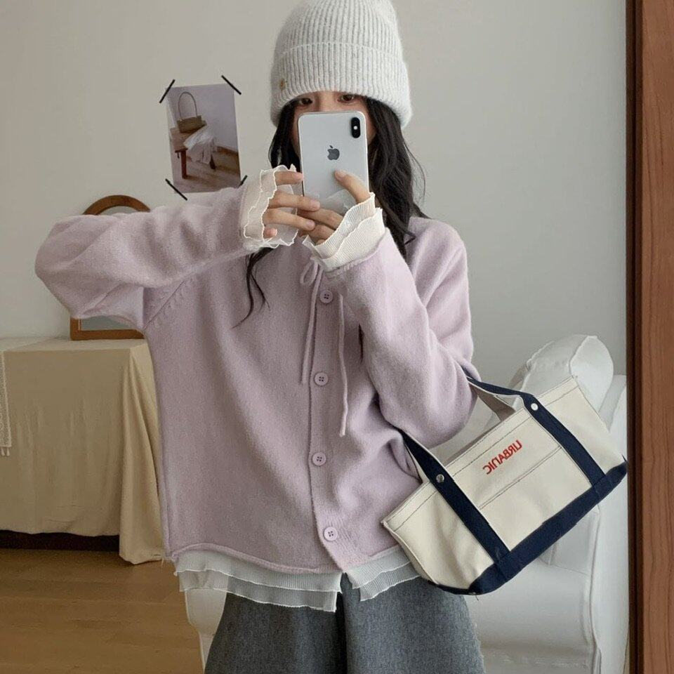 实价实拍 新款秋冬 甜美荷叶边拼接圆领针织衫开衫显瘦毛衣