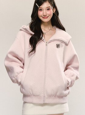 QDQD 小香风白色圈圈毛外套甜美少女感学院风大翻领连帽长袖上衣