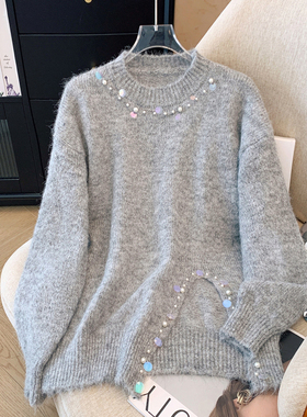 实拍2024珍珠内搭森系别致绝美温柔宽松慵懒风软糯针织毛衣外套女