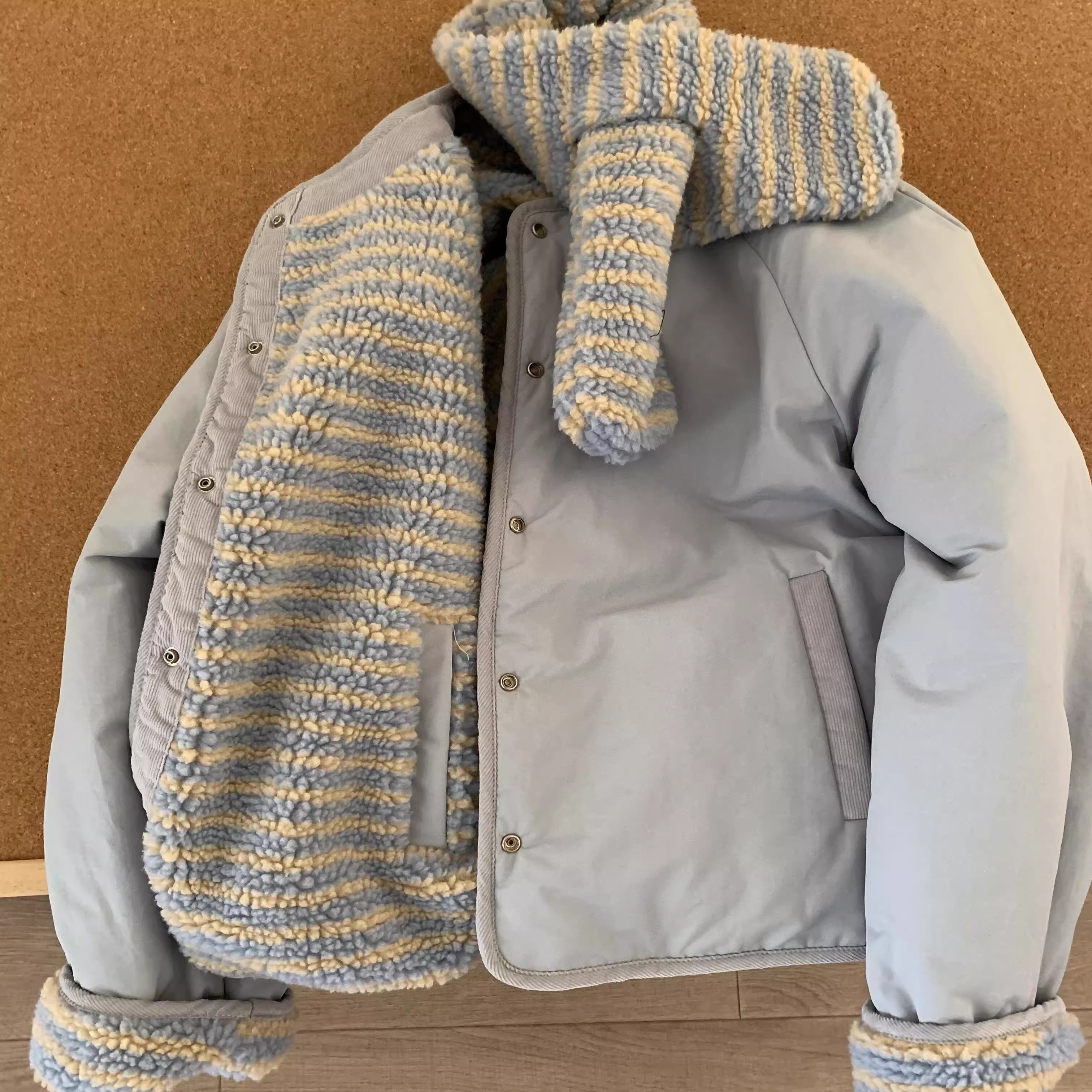 韩系甜美双面穿摇粒绒棉服外套女2024新款冬季配围巾加厚百搭上衣