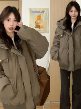 咖色连帽棉衣棉服外套女2024年新款冬季韩系穿搭美式复古棉袄外套