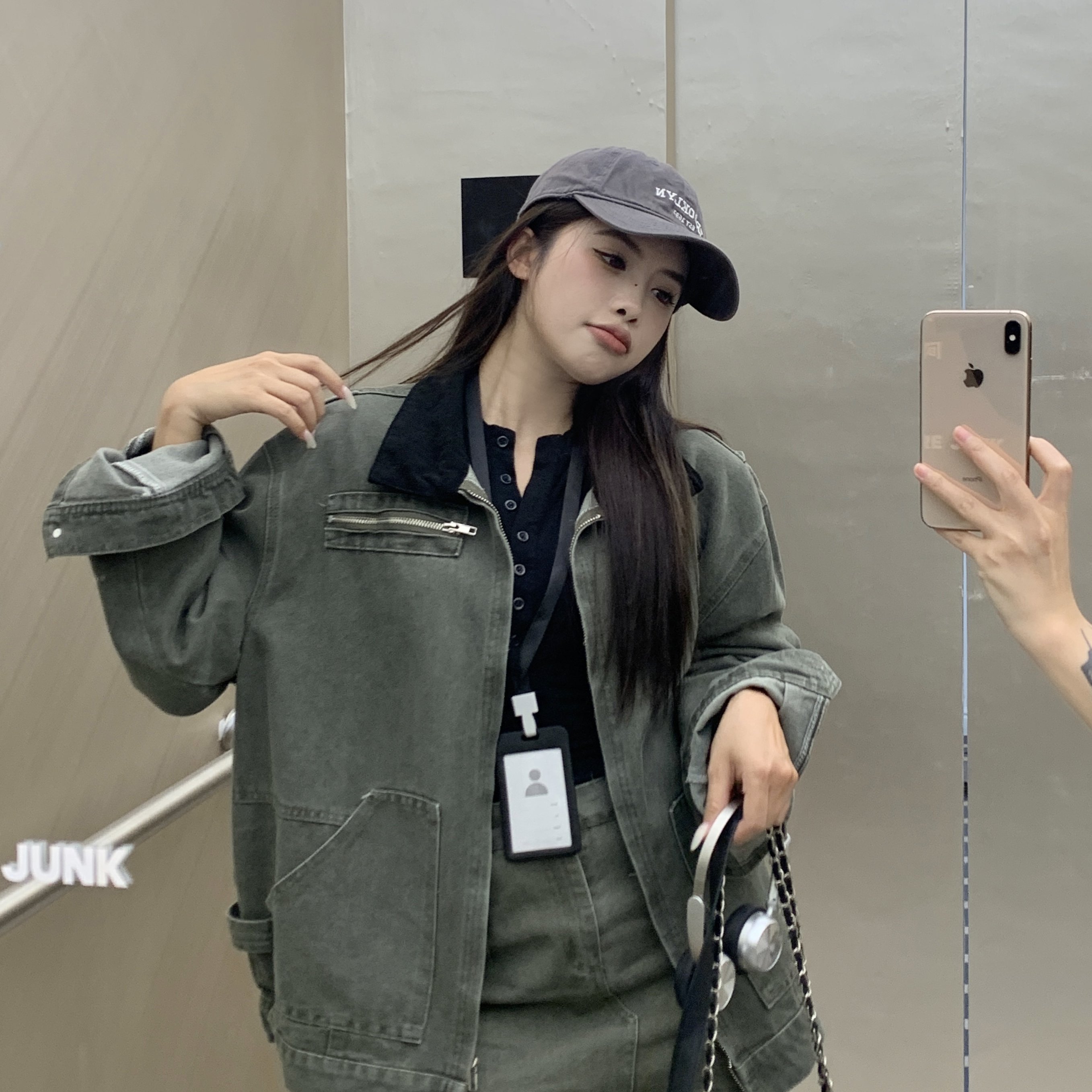 实拍实价 美式复古拼色军绿色工装夹克外套女牛仔开衫上衣春秋