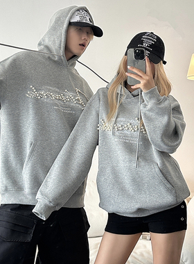 重磅420克 2025秋季新款珍珠卫衣高街慵懒风美式连帽情侣卫衣