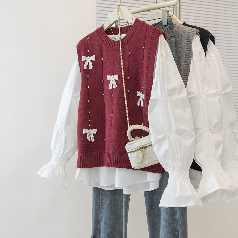 实拍大码女装2025早春新款慵懒风设计感蝴蝶结百搭马甲衬衫两件套