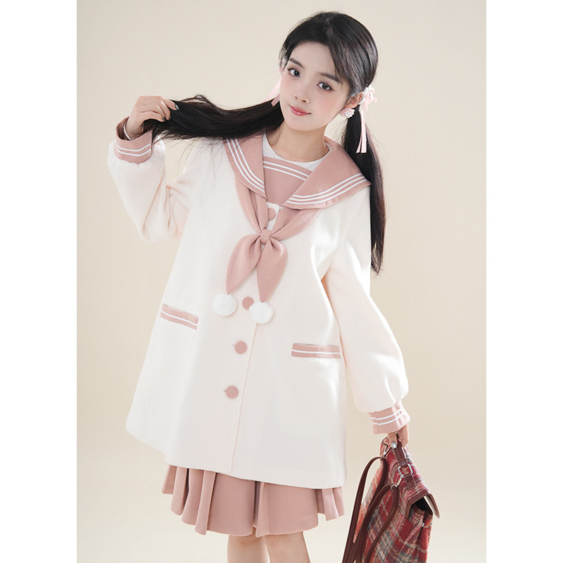 秋冬JK制服毛呢粉白绀白套装海军领上衣蝴蝶结小众设计百褶裙套装