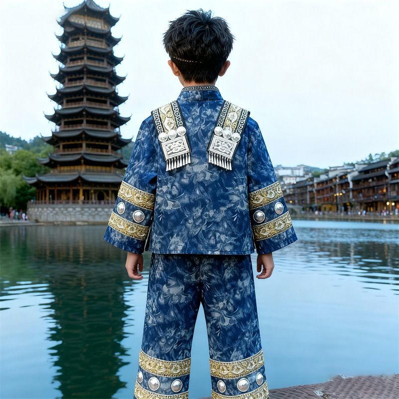 儿童苗族扎染民族服饰演出旅拍少数民族写真套装（滤镜有色差）
