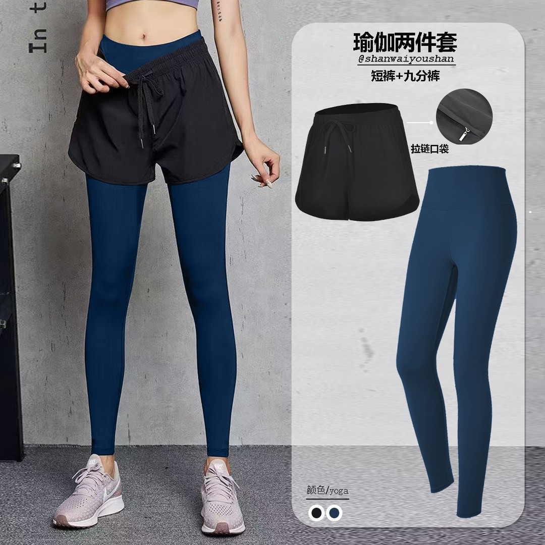 健身九分裤女两件高腰运动短裤