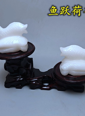 鱼跃荷香石雕摆件2026年马年中宫方位吉祥位摆设一对
