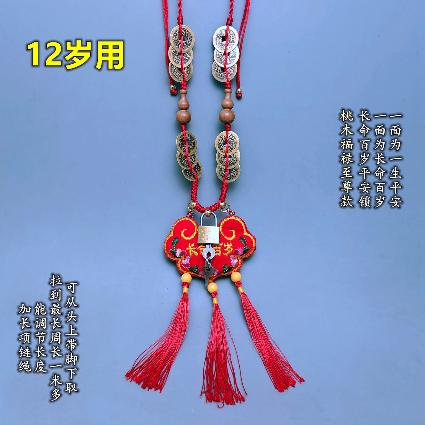12岁开锁用长命百岁一生平安生日铜钱锁项链福禄至尊款带锁头钥匙