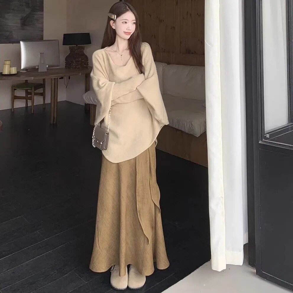 慵懒风蝙蝠袖宽松长袖针织衫氛围感飘带半身裙女春季新款时尚套装