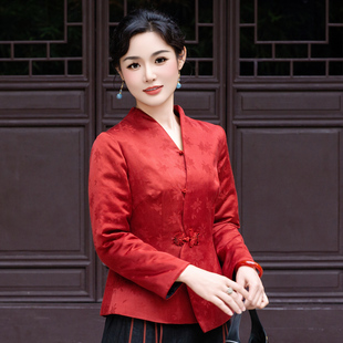 华族经典唐装中国风女装改良加厚真丝红云纱V领旗袍式上衣250939W