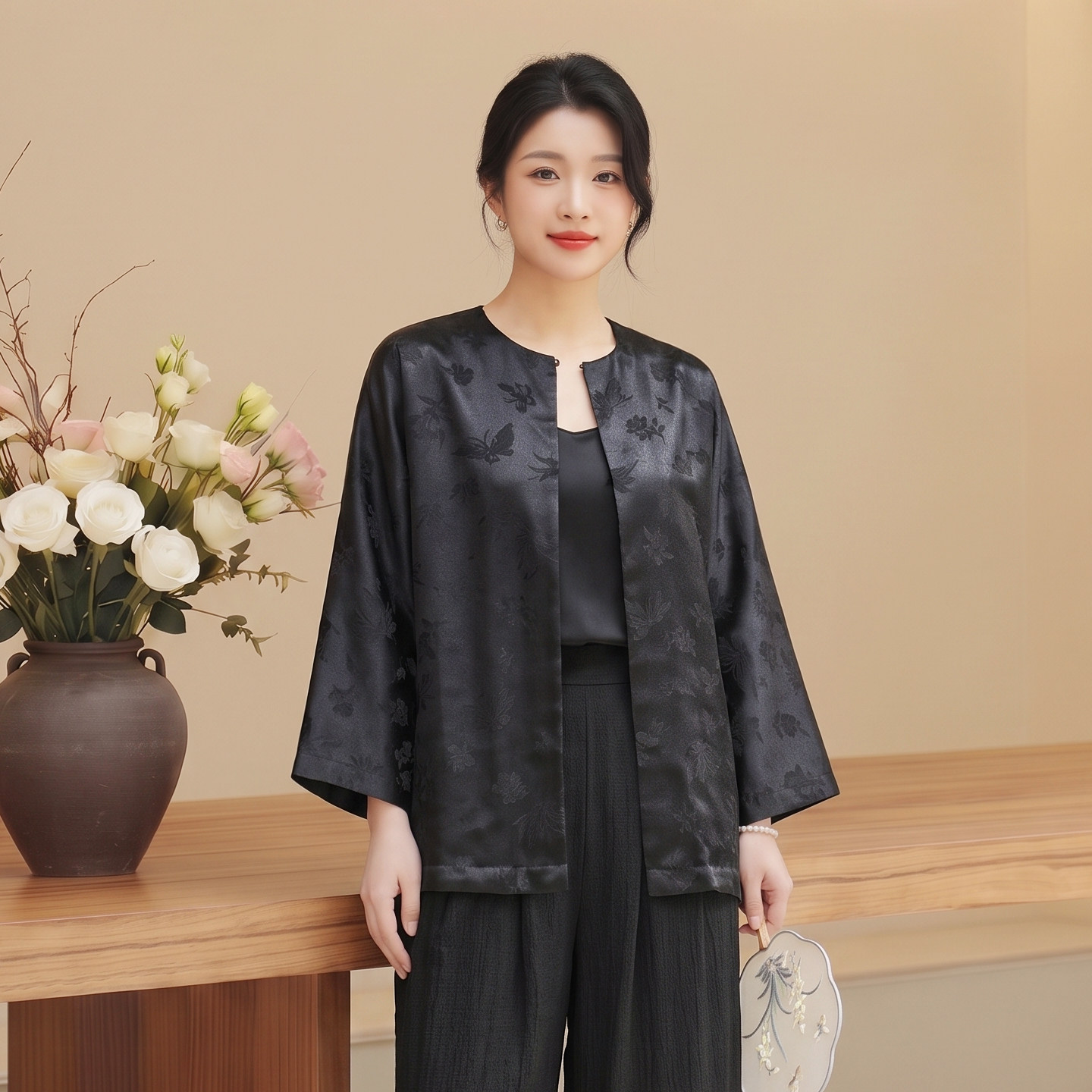 华族经典新中式上衣香云纱宽松休闲长袖圆领高端气质外套唐装女