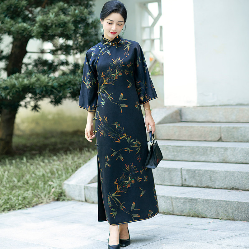华族经典旗袍高档重缎香云纱桑蚕丝归拔无省气质中式复古长款女