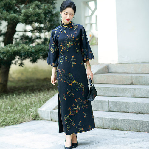 华族经典旗袍高档重缎香云纱桑蚕丝归拔无省气质中式复古长款女