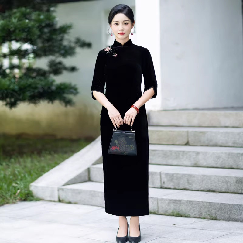 华族经典旗袍复古端庄复古桑蚕丝真丝绒长款素雅老上海开襟盘扣女