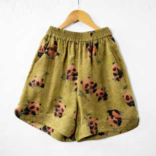 华族经典桑蚕丝真丝花萝红云纱竹报平安宽松时髦松紧裤短裤女