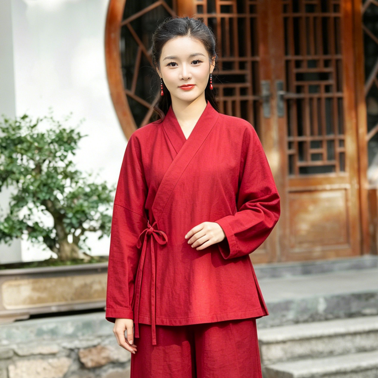 新中式棉麻V领系带长袖上衣女