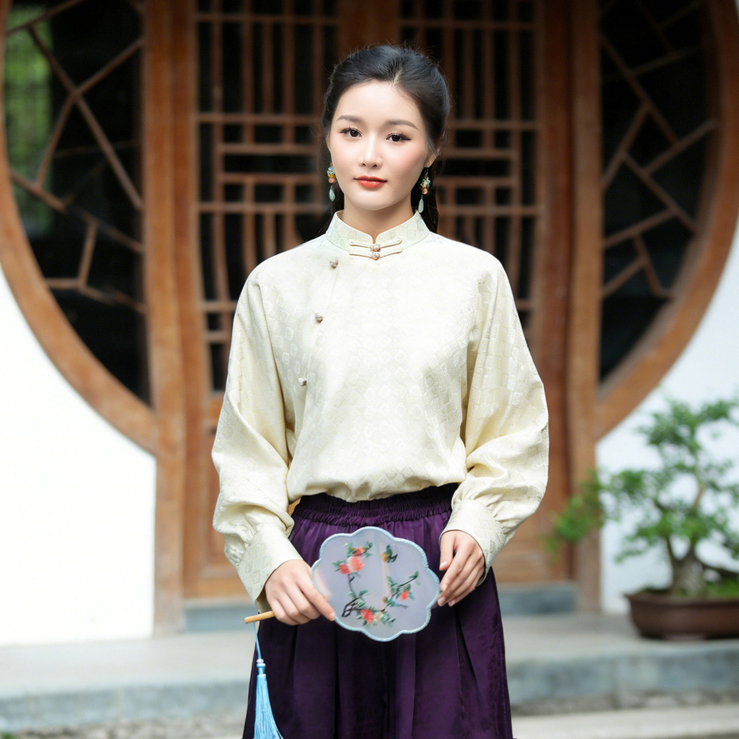 桑蚕丝唐装立领盘扣长袖上衣女