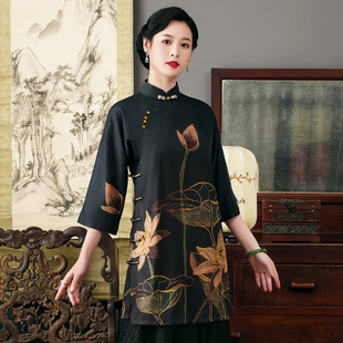 民族风定位花女士唐装 立领斜襟日常中式 夏 旗袍上衣中长款 华族经典