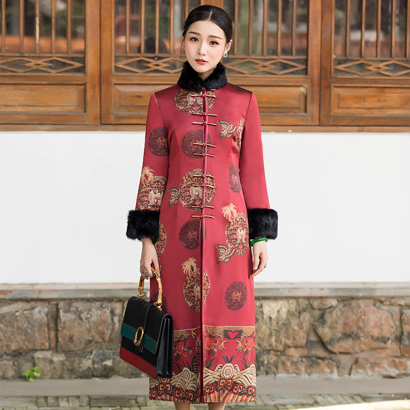 华族经典旗袍风衣中长款冬款中式复古夹棉加厚高端大码棉衣外套女