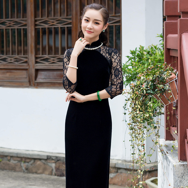 华族经典改良旗袍长款金丝绒时尚优雅淑女修身显瘦蕾丝旗袍连衣裙